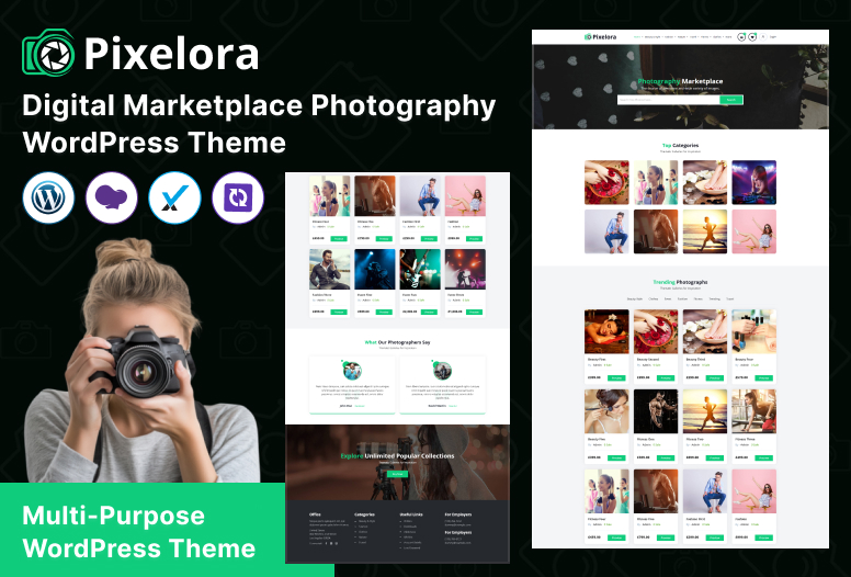 Pixelora: Modern Photography Marketplace WordPress Theme for Selling Photos